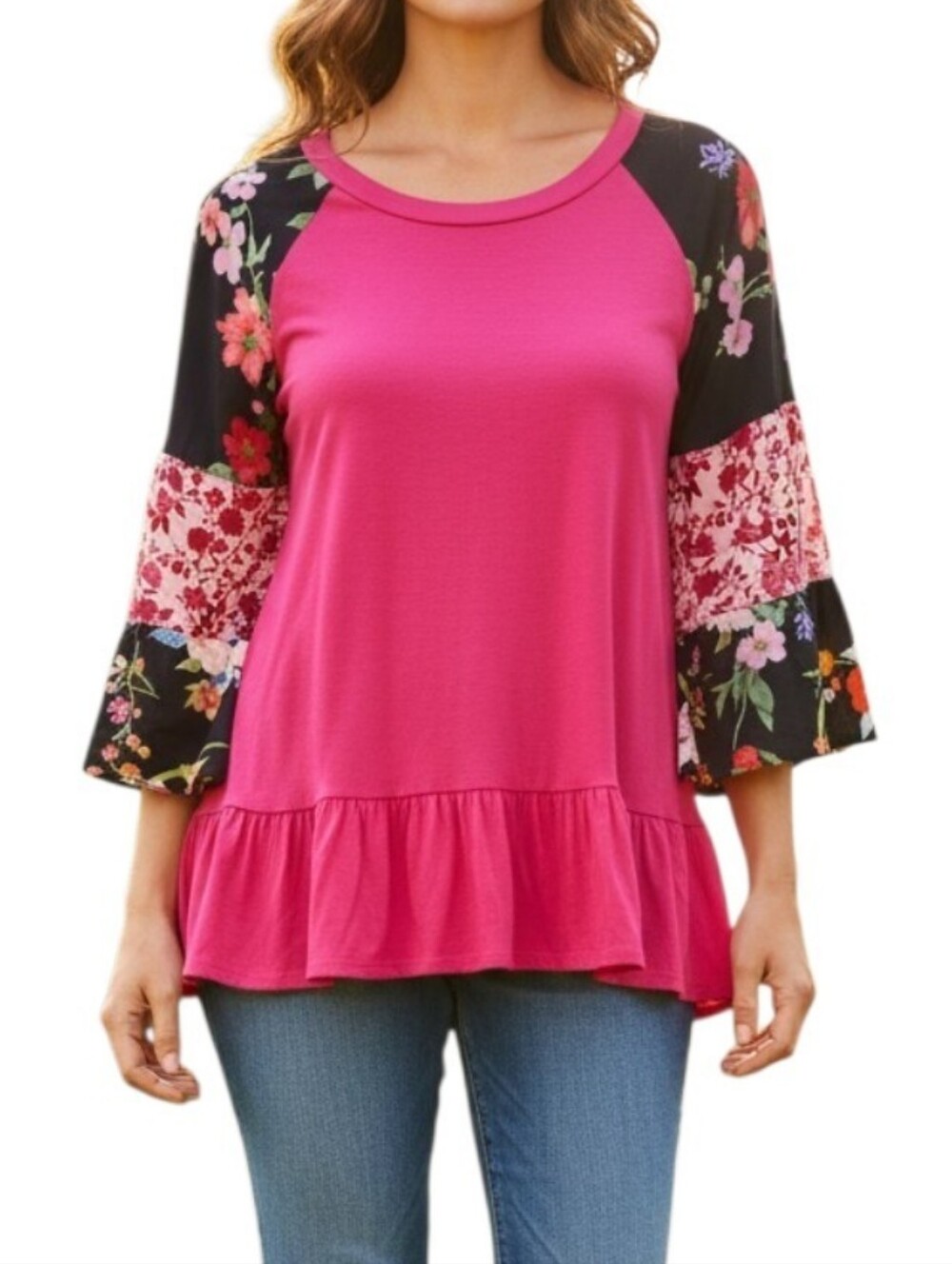 Pioneer Woman Pint Floral Bell Sleeve Ruffle Bottom Blouse